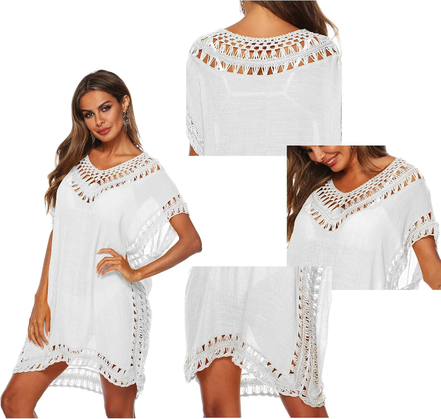 SIAEAMRG Swimsuit Cover Ups for Women, V Neck Hollow Out Swim Coverup Crochet Chiffon Summer Beach Cover Up Dress