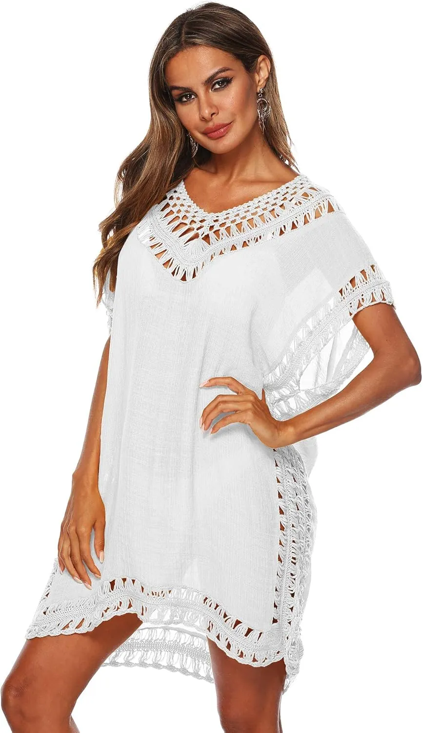 SIAEAMRG Swimsuit Cover Ups for Women, V Neck Hollow Out Swim Coverup Crochet Chiffon Summer Beach Cover Up Dress