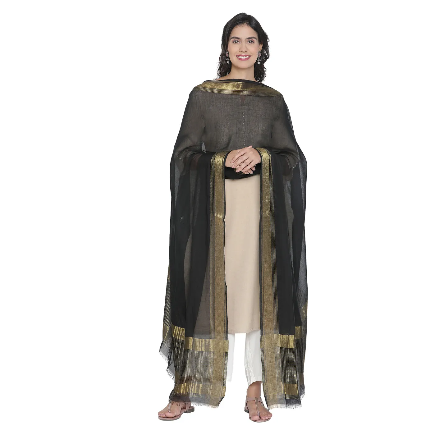 Solid Black with Golden Stripe Dupatta