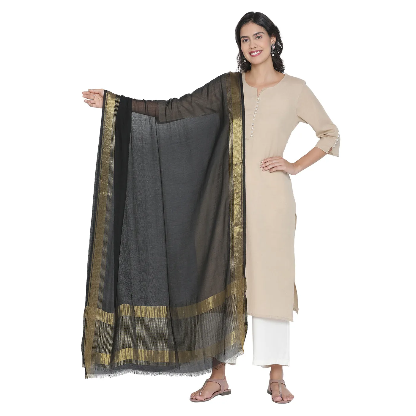 Solid Black with Golden Stripe Dupatta