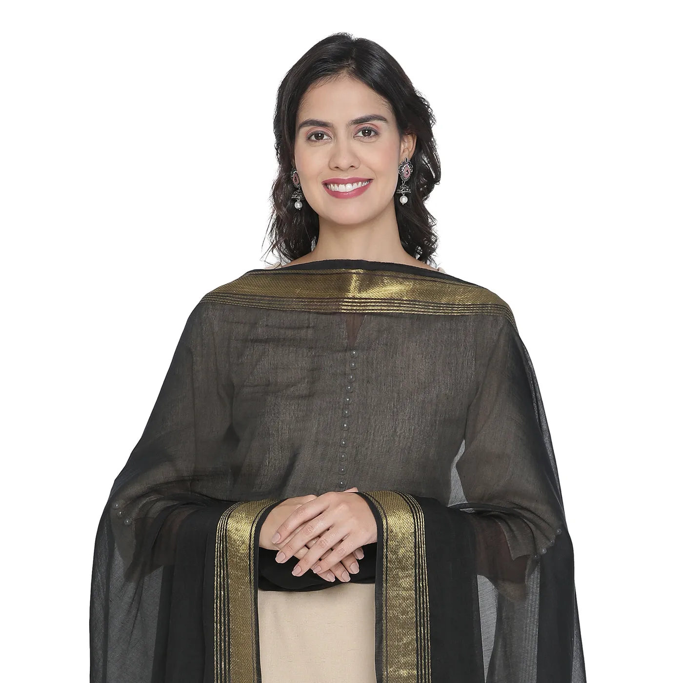 Solid Black with Golden Stripe Dupatta