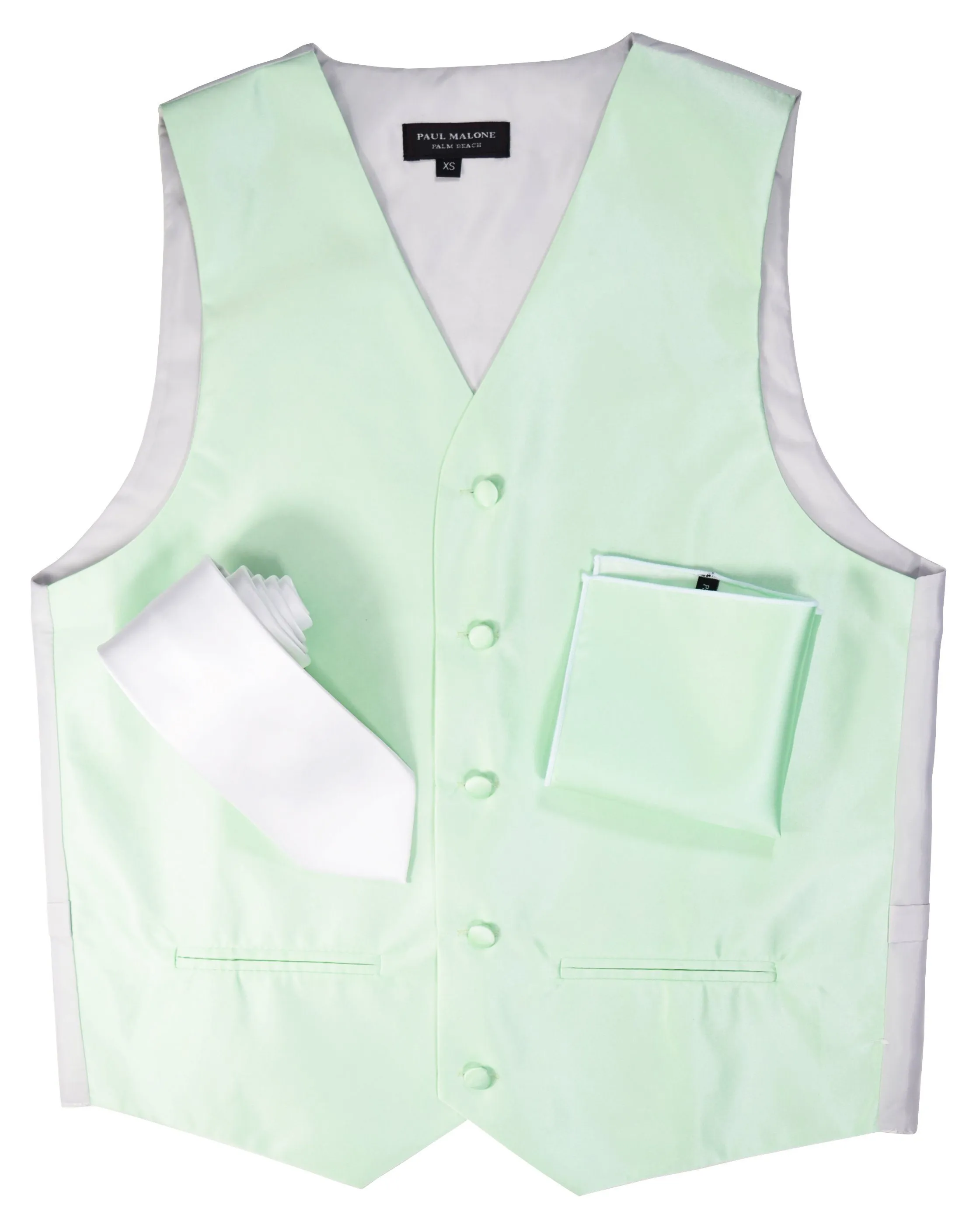 Solid Mint Green Mens Tuxedo Vest, Tie and Trim Pocket Square