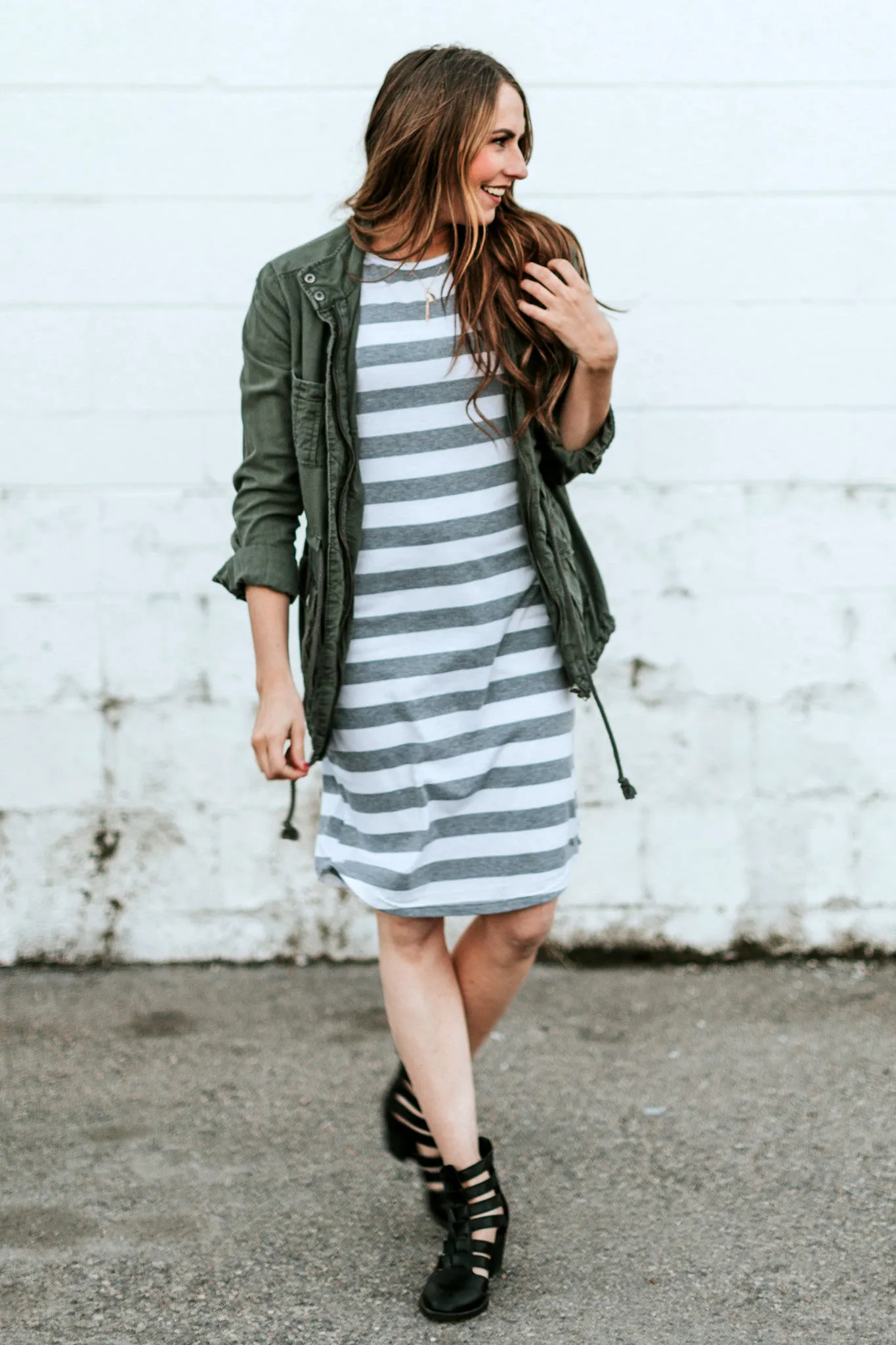 Striped Tee Dress: White and Gray Thick Stripes