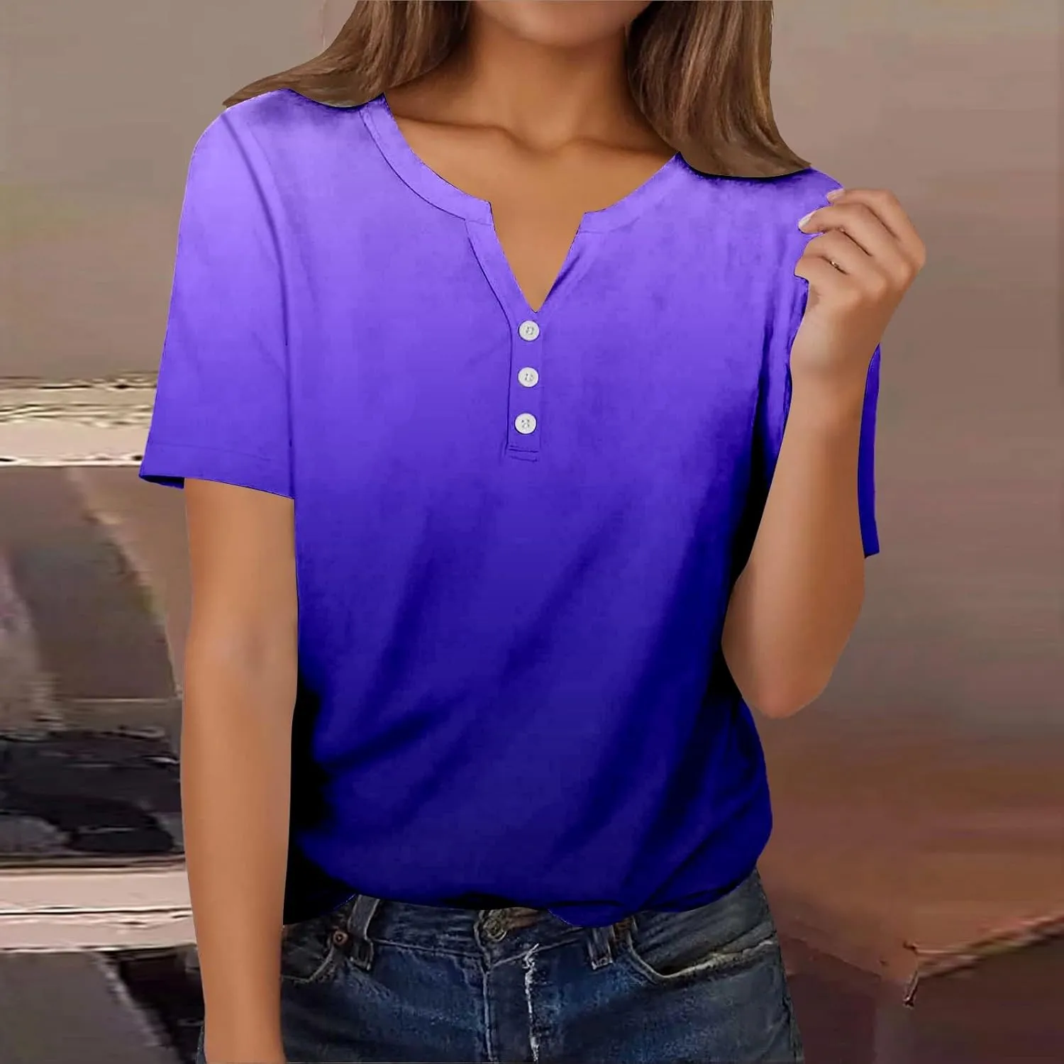 Summer Graphic Tees for Women Short Sleeve Fashion Tops Henley V Neck T Shirts Loose Fit Vacation Tshirt Casual Blouse