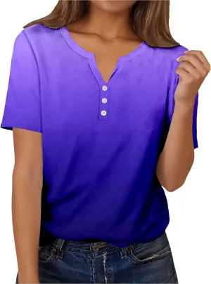 Summer Graphic Tees for Women Short Sleeve Fashion Tops Henley V Neck T Shirts Loose Fit Vacation Tshirt Casual Blouse