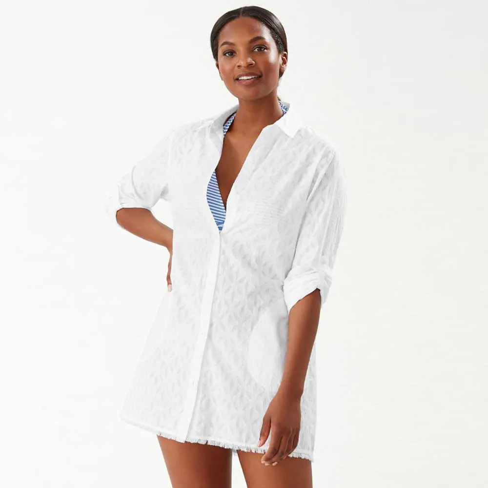 Tommy Bahama Cotton Clip Jacquard Boyfriend Shirt Dress Cover Up- White*