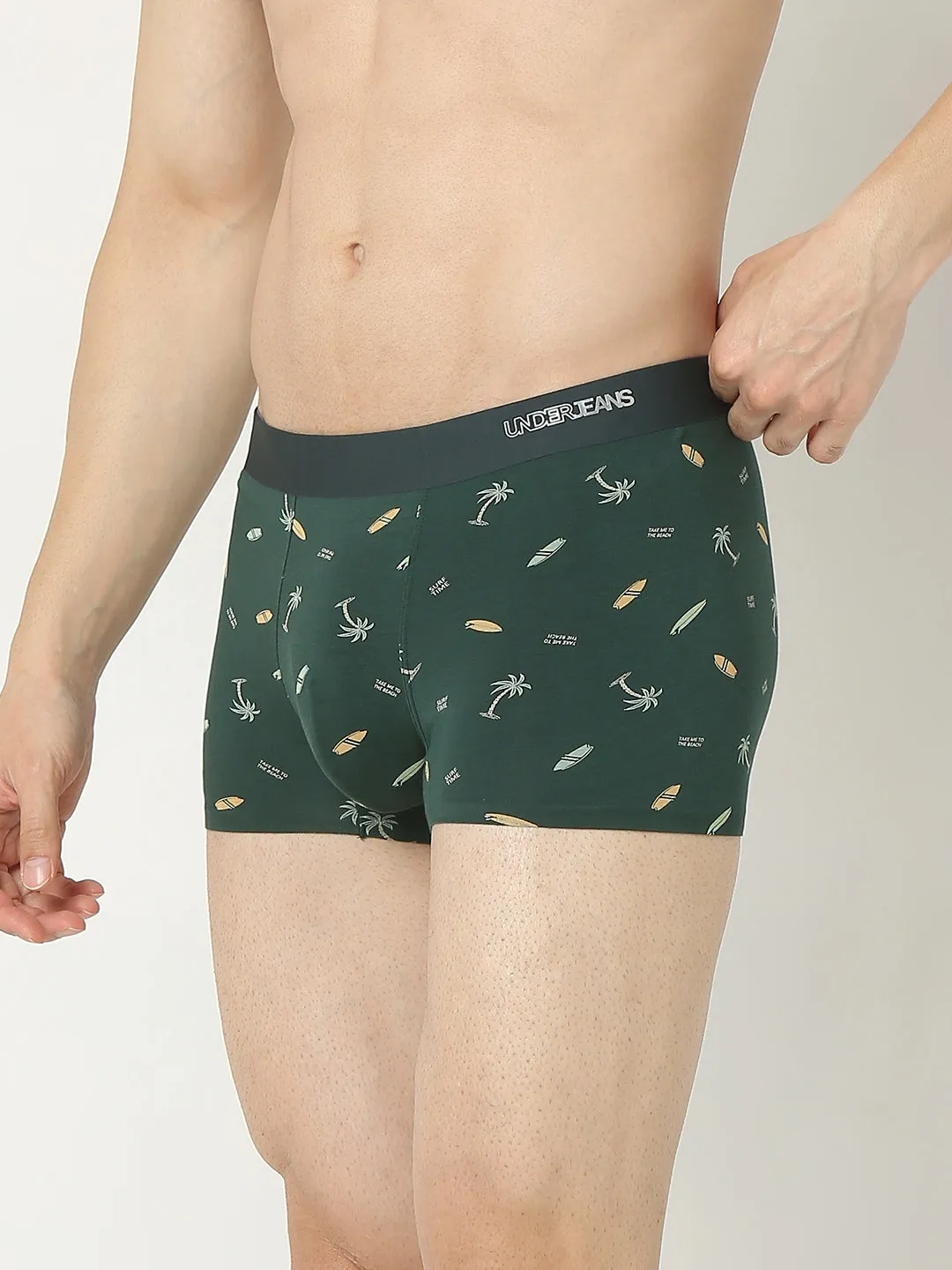 Underjeans By Spykar Men Super Premium Printed Bonded Elastic Bottle Green Trunk