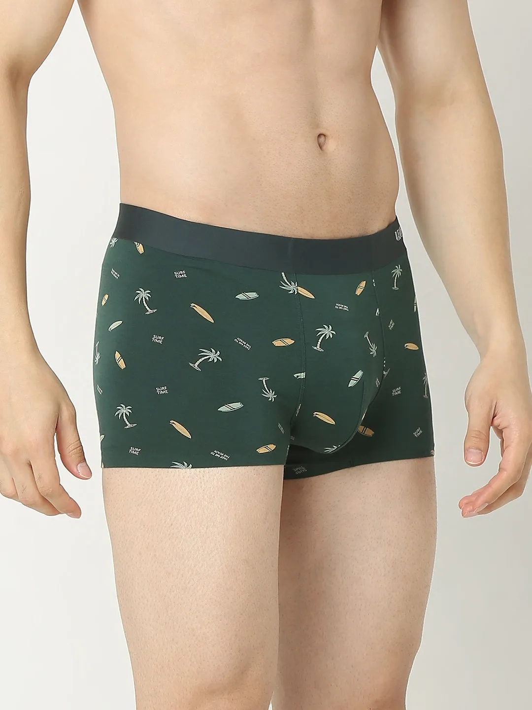 Underjeans By Spykar Men Super Premium Printed Bonded Elastic Bottle Green Trunk