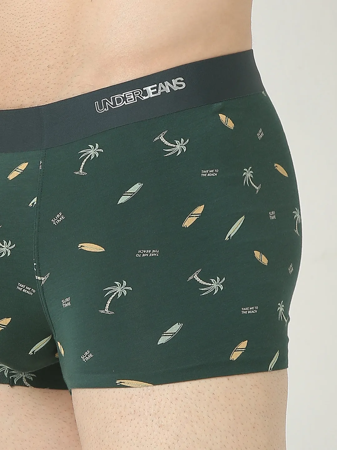 Underjeans By Spykar Men Super Premium Printed Bonded Elastic Bottle Green Trunk
