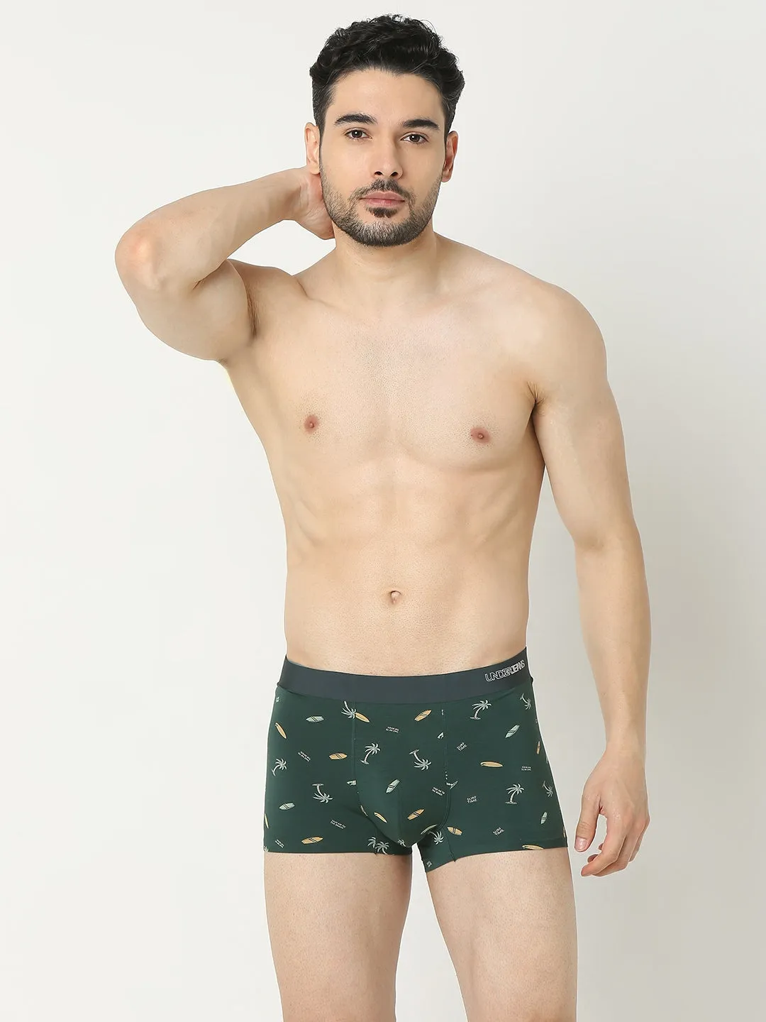Underjeans By Spykar Men Super Premium Printed Bonded Elastic Bottle Green Trunk