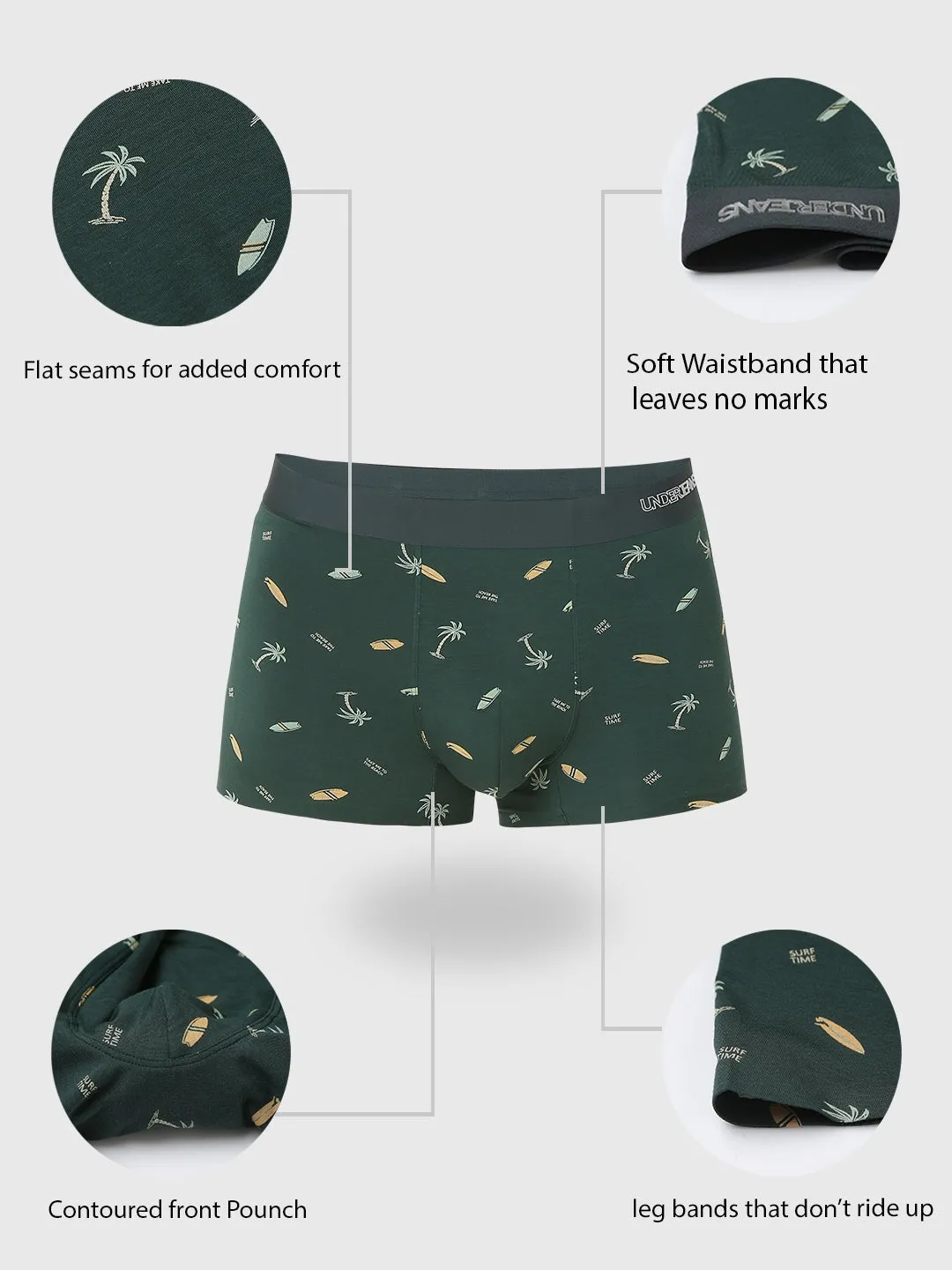 Underjeans By Spykar Men Super Premium Printed Bonded Elastic Bottle Green Trunk