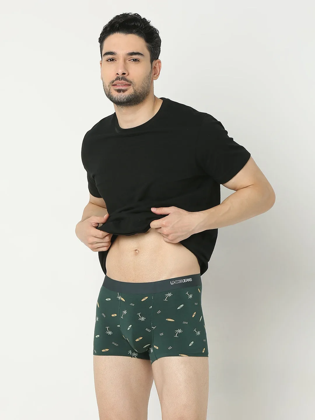 Underjeans By Spykar Men Super Premium Printed Bonded Elastic Bottle Green Trunk