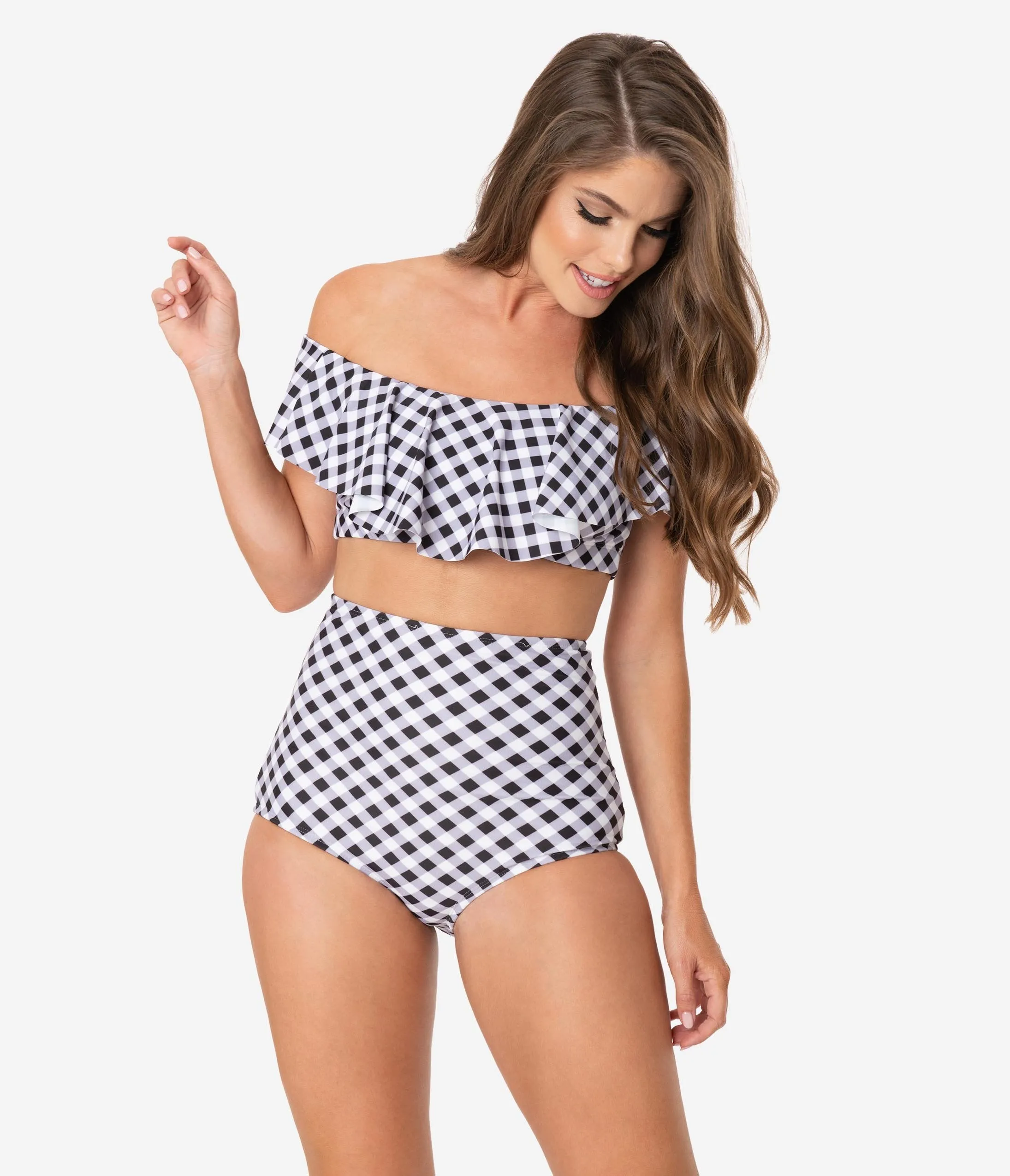 Unique Vintage Black & White Gingham High Waist Louise Swim Bottoms