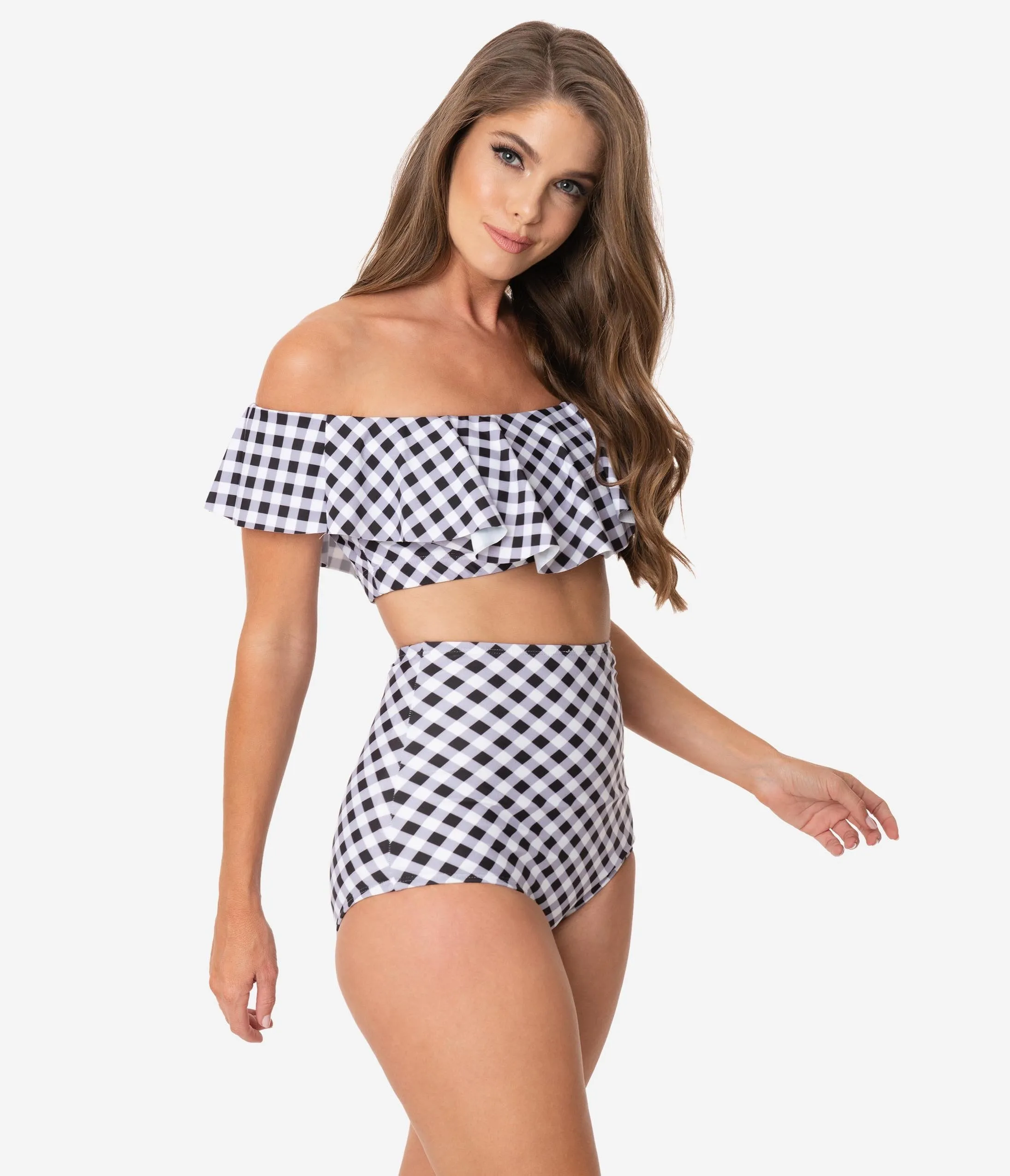 Unique Vintage Black & White Gingham High Waist Louise Swim Bottoms