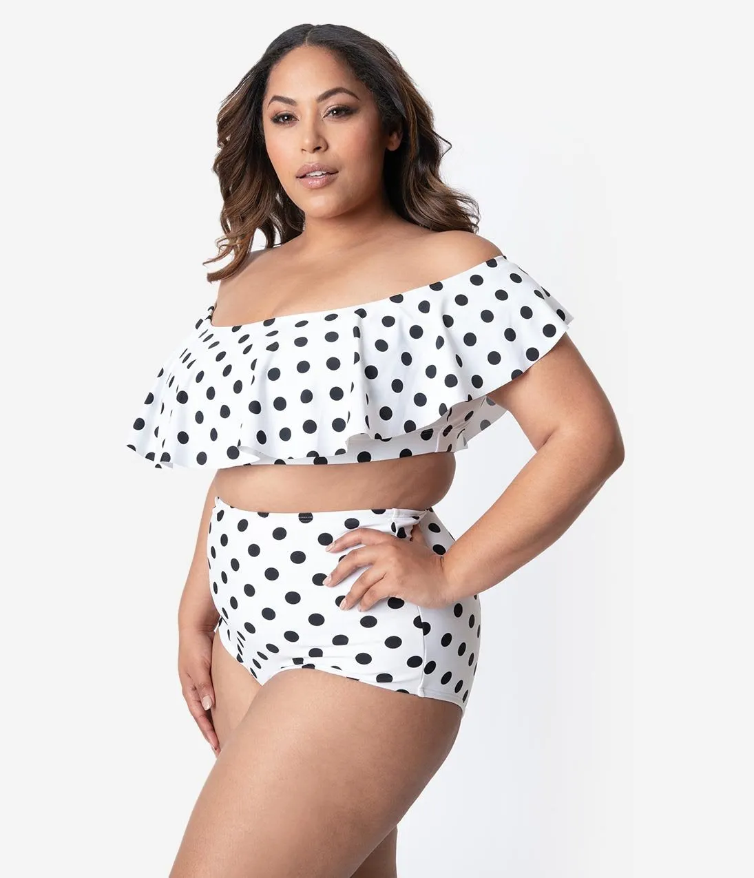 Unique Vintage Plus Size White & Black Dot High Waist Louise Swim Bottoms