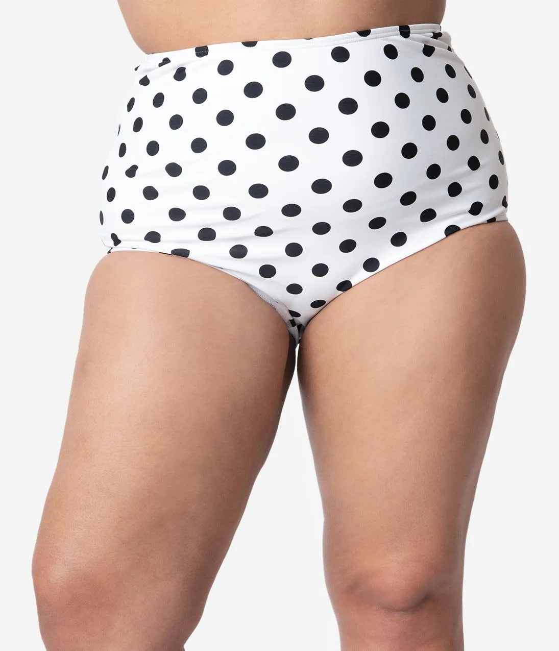 Unique Vintage Plus Size White & Black Dot High Waist Louise Swim Bottoms