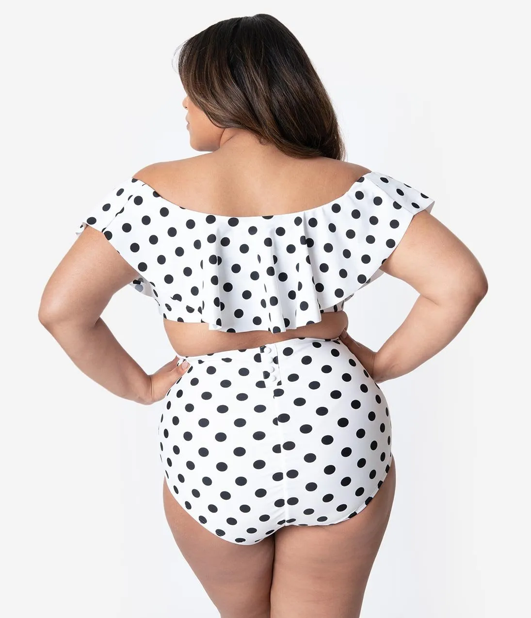 Unique Vintage Plus Size White & Black Dot High Waist Louise Swim Bottoms