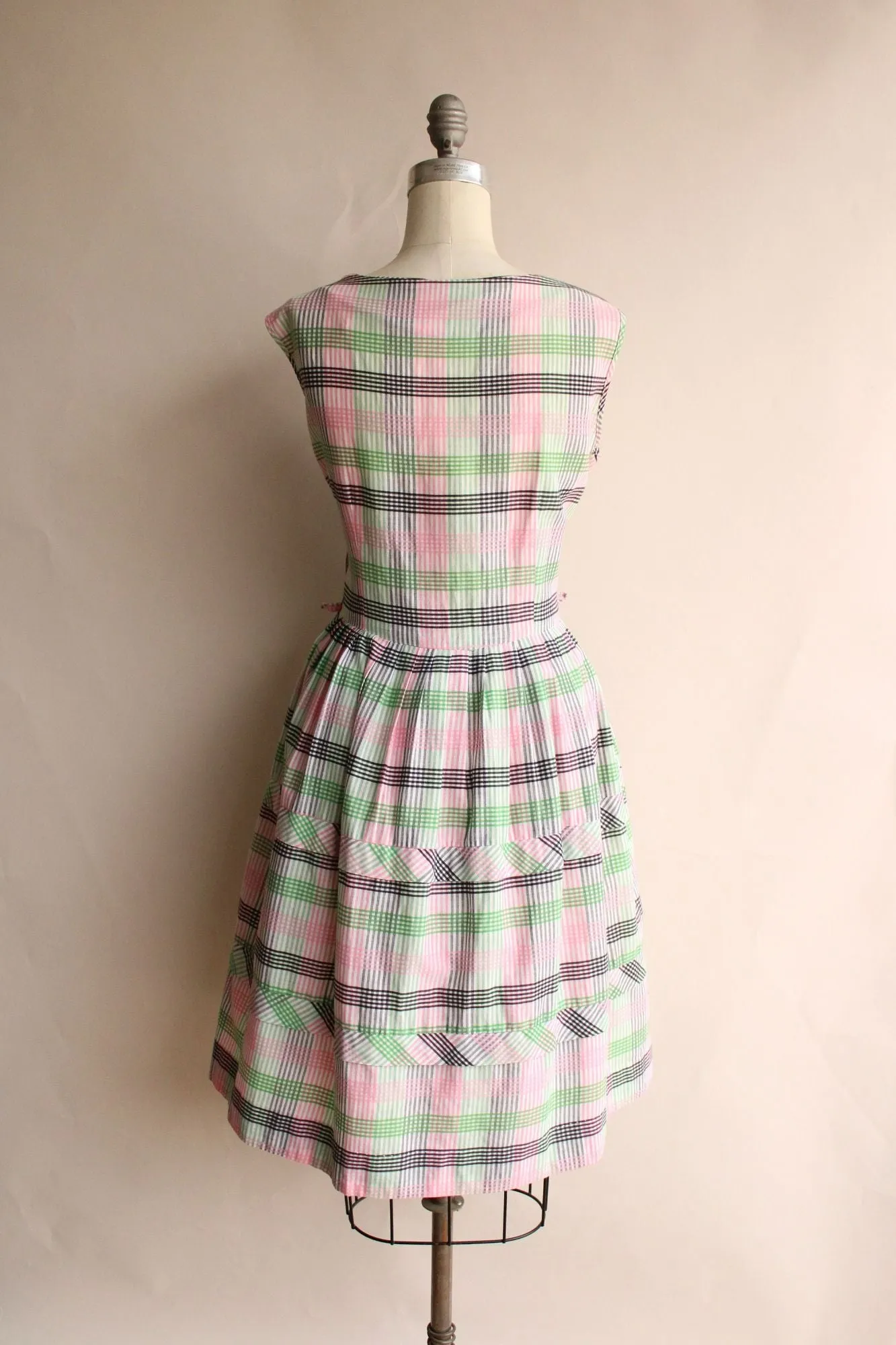 Vintage 1950s Fit and Flare Green and Pink and Black Check Dress
