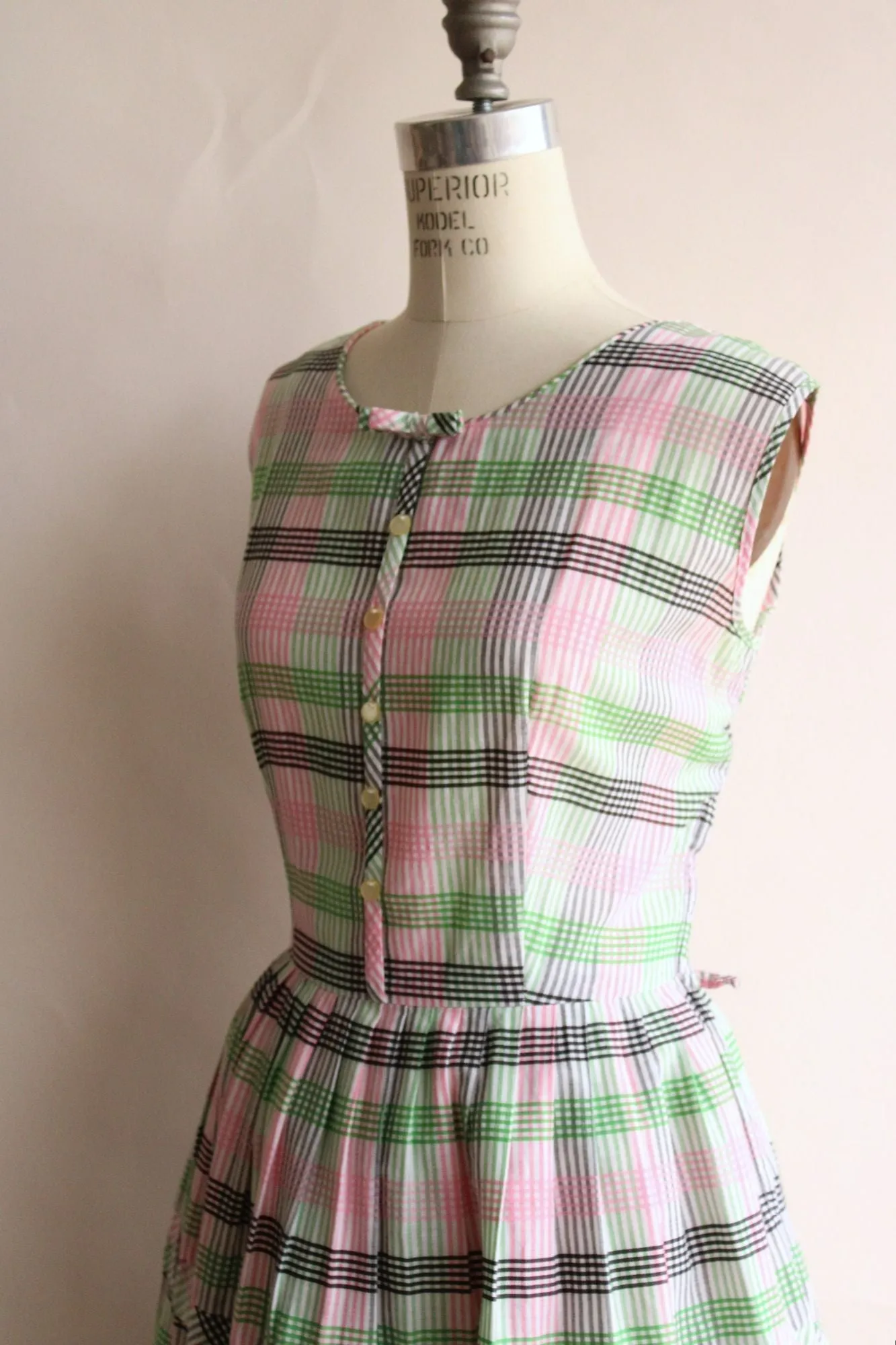 Vintage 1950s Fit and Flare Green and Pink and Black Check Dress