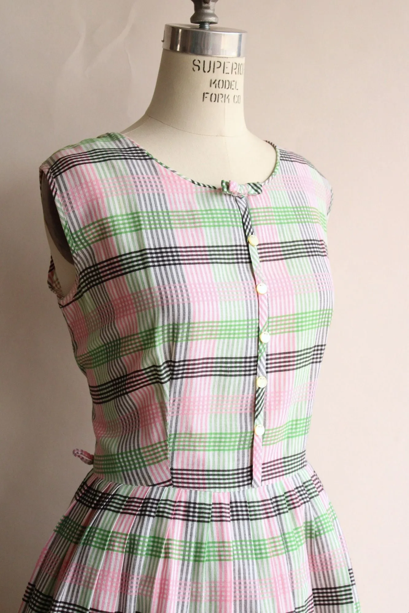 Vintage 1950s Fit and Flare Green and Pink and Black Check Dress