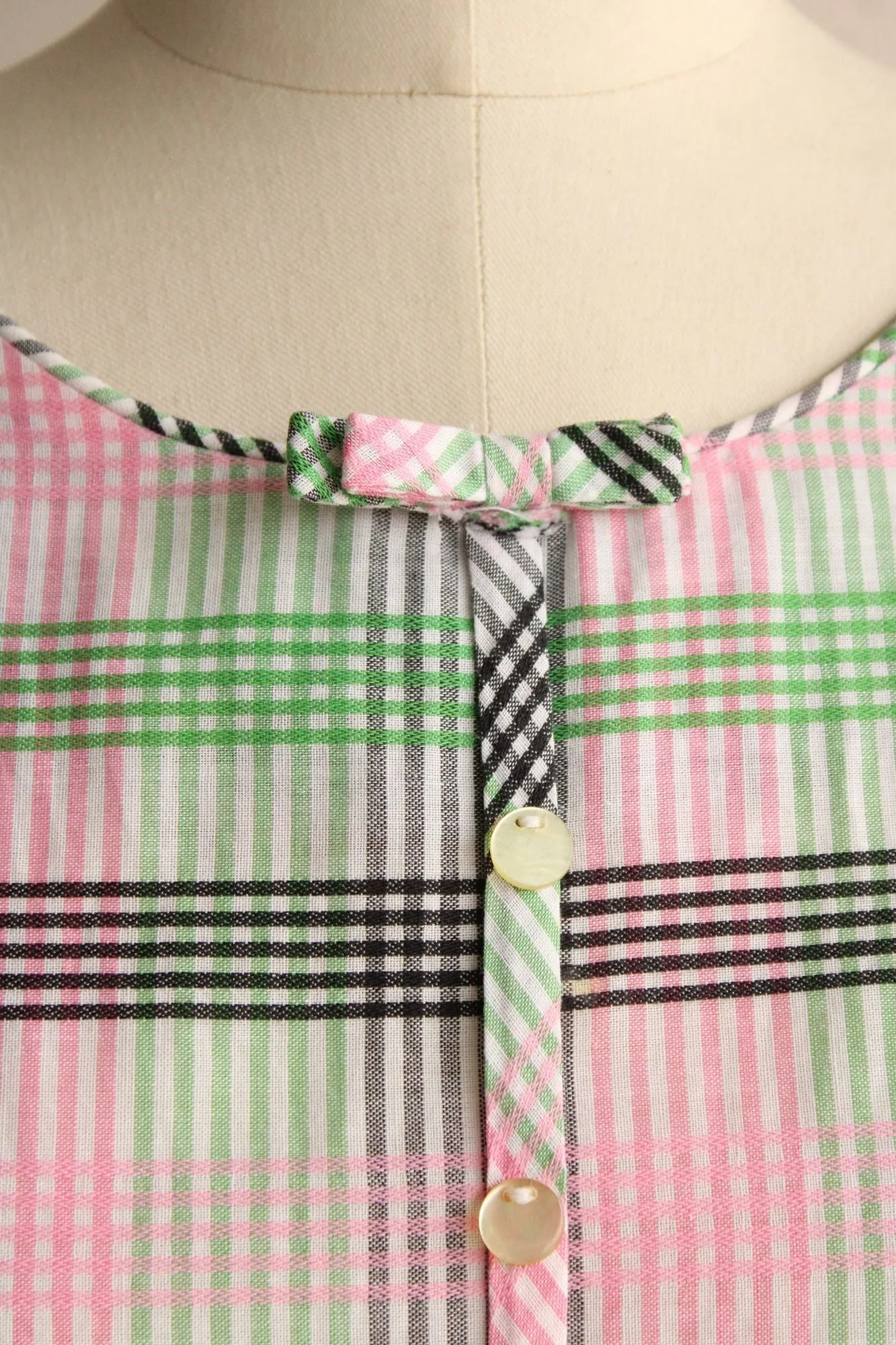 Vintage 1950s Fit and Flare Green and Pink and Black Check Dress