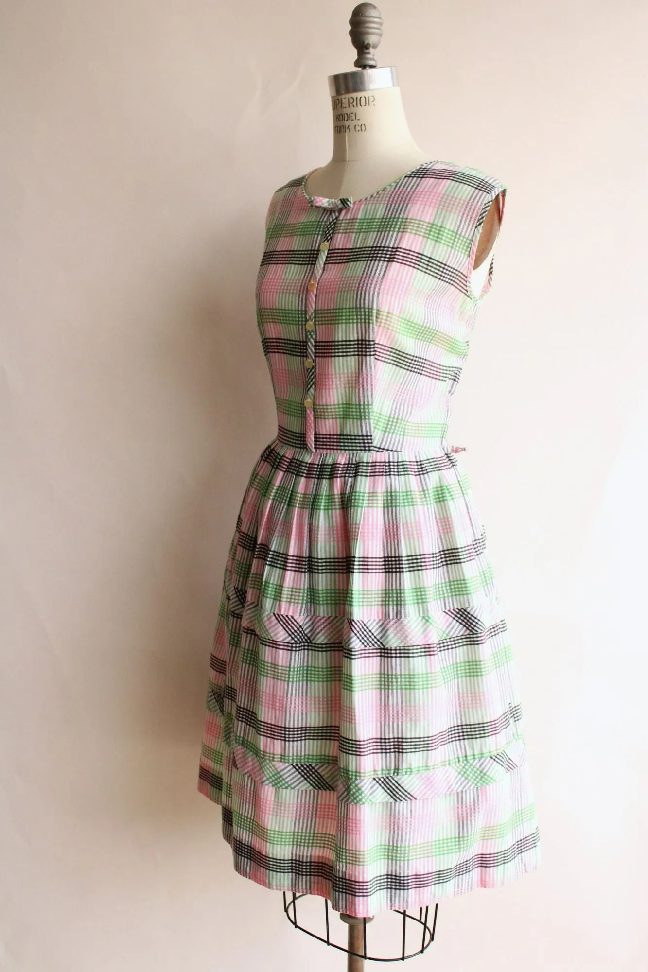 Vintage 1950s Fit and Flare Green and Pink and Black Check Dress