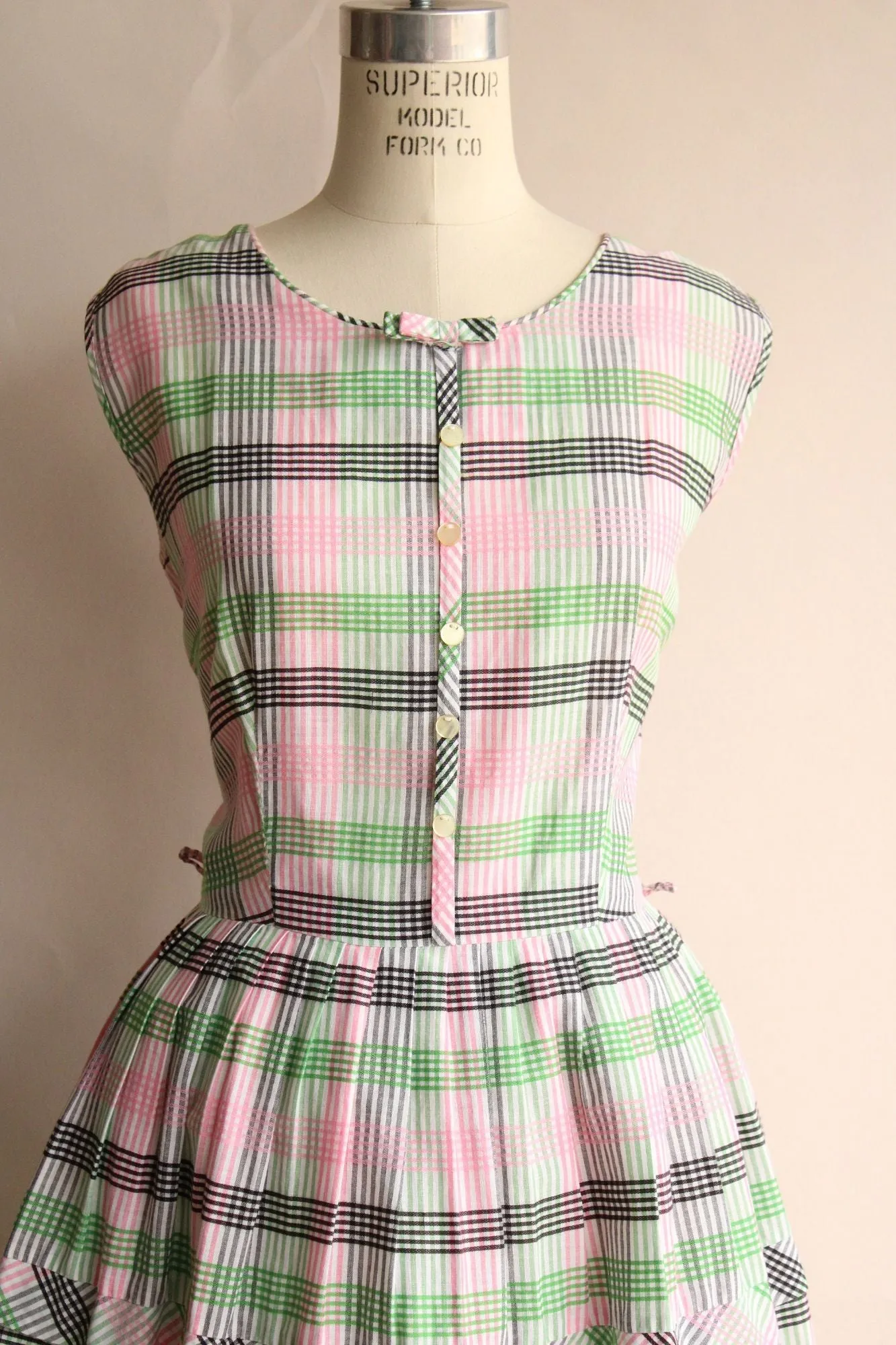 Vintage 1950s Fit and Flare Green and Pink and Black Check Dress