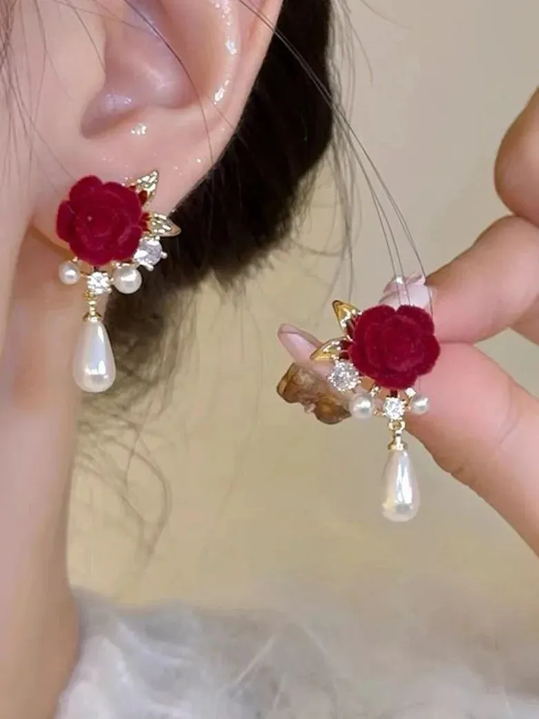 Women Flocked Red Rose Pearl Earrings