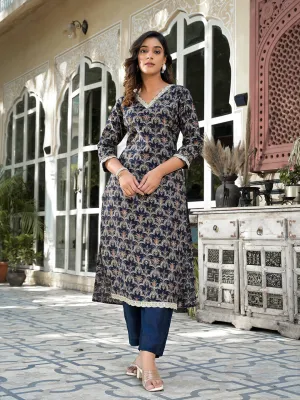 Women Navy Blue Silk Blend Kurta Set
