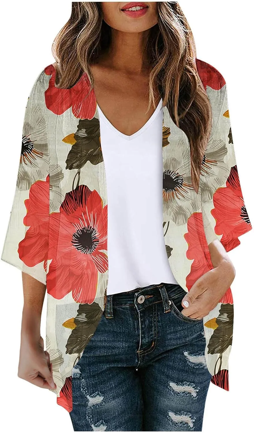 Women's 3/4 Sleeve Cardigan Chiffon Boho Floral Kimono Sheer Loose Casual Coverups Beach Lightweight Cover Up Tops