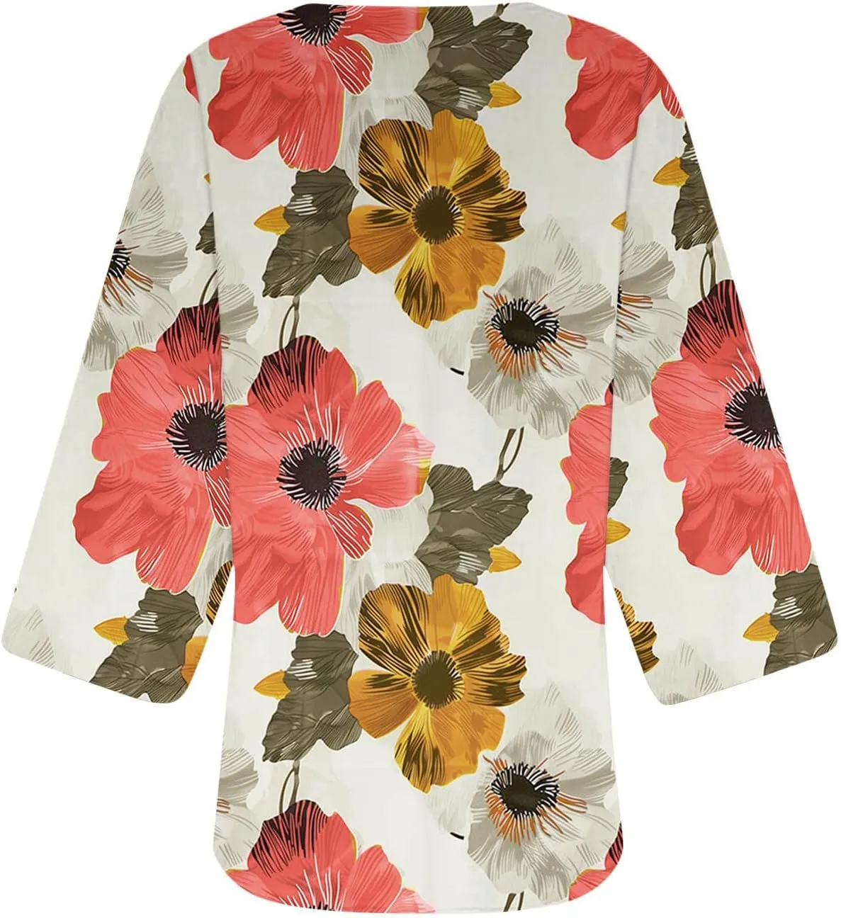 Women's 3/4 Sleeve Cardigan Chiffon Boho Floral Kimono Sheer Loose Casual Coverups Beach Lightweight Cover Up Tops