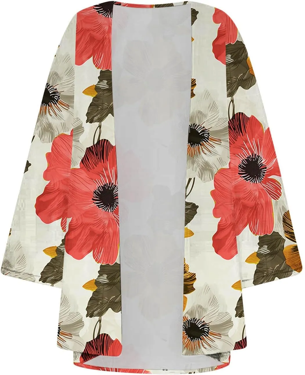 Women's 3/4 Sleeve Cardigan Chiffon Boho Floral Kimono Sheer Loose Casual Coverups Beach Lightweight Cover Up Tops