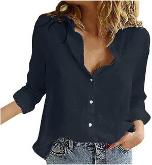Womens Button Down Shirts Linen Casual Long Sleeve Loose Shirt Tops Bathing Suit Cover Up Cotton Blouses for Women