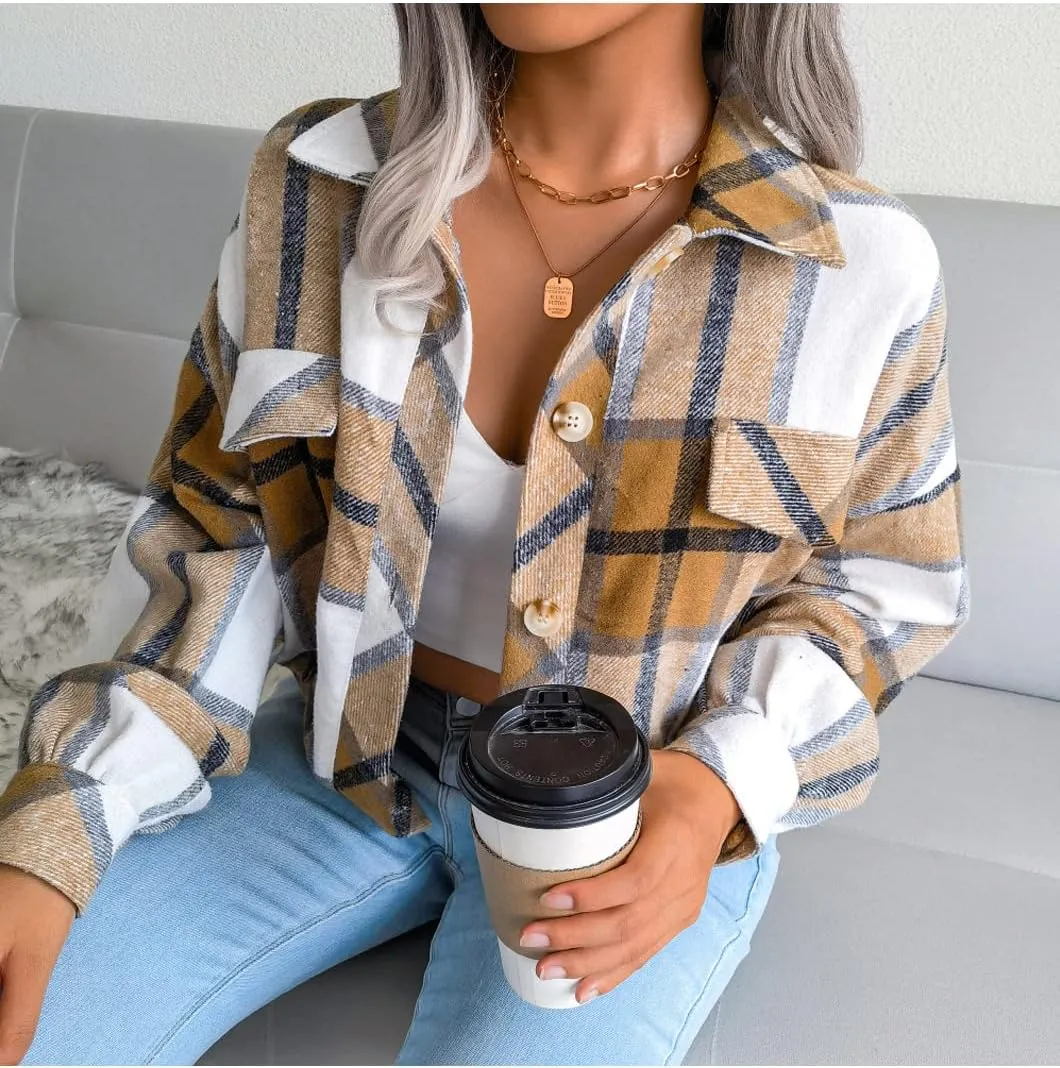 Womens Casual Plaid Shacket Long Sleeve Wool Blend Button Down Shirt Jacket Tops