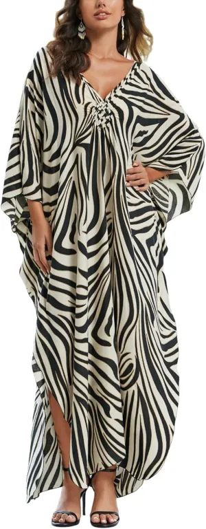 Womens Floral Print 3/4 Sleeve V-Neck Kaftan Dress - Plus Size Beach Bathing Suit Swim Cover-Up