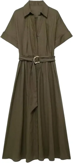 Womens Linen Blend Midi Dress Shirt Style Short Sleeve Elegant Workwear Office Flattering Dress