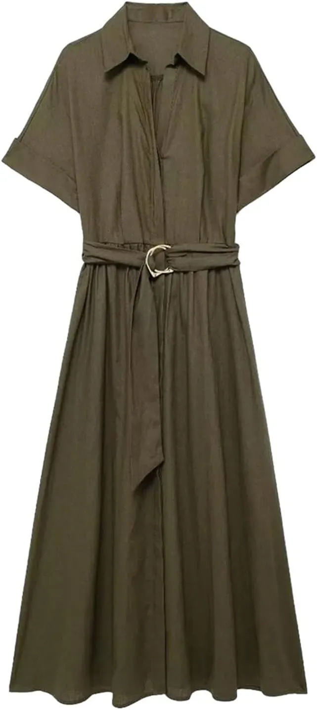 Womens Linen Blend Midi Dress Shirt Style Short Sleeve Elegant Workwear Office Flattering Dress