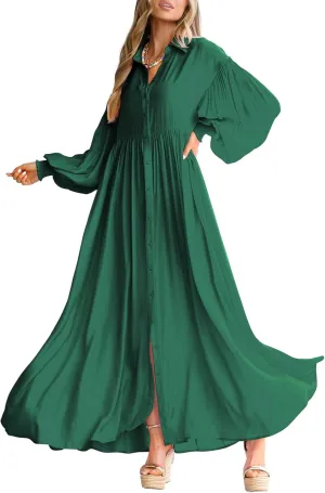 Women's Long Sleeve Button Down Shirt Dress Casual Pleated Swing Flowy Maxi Tunic Dress Cover Ups