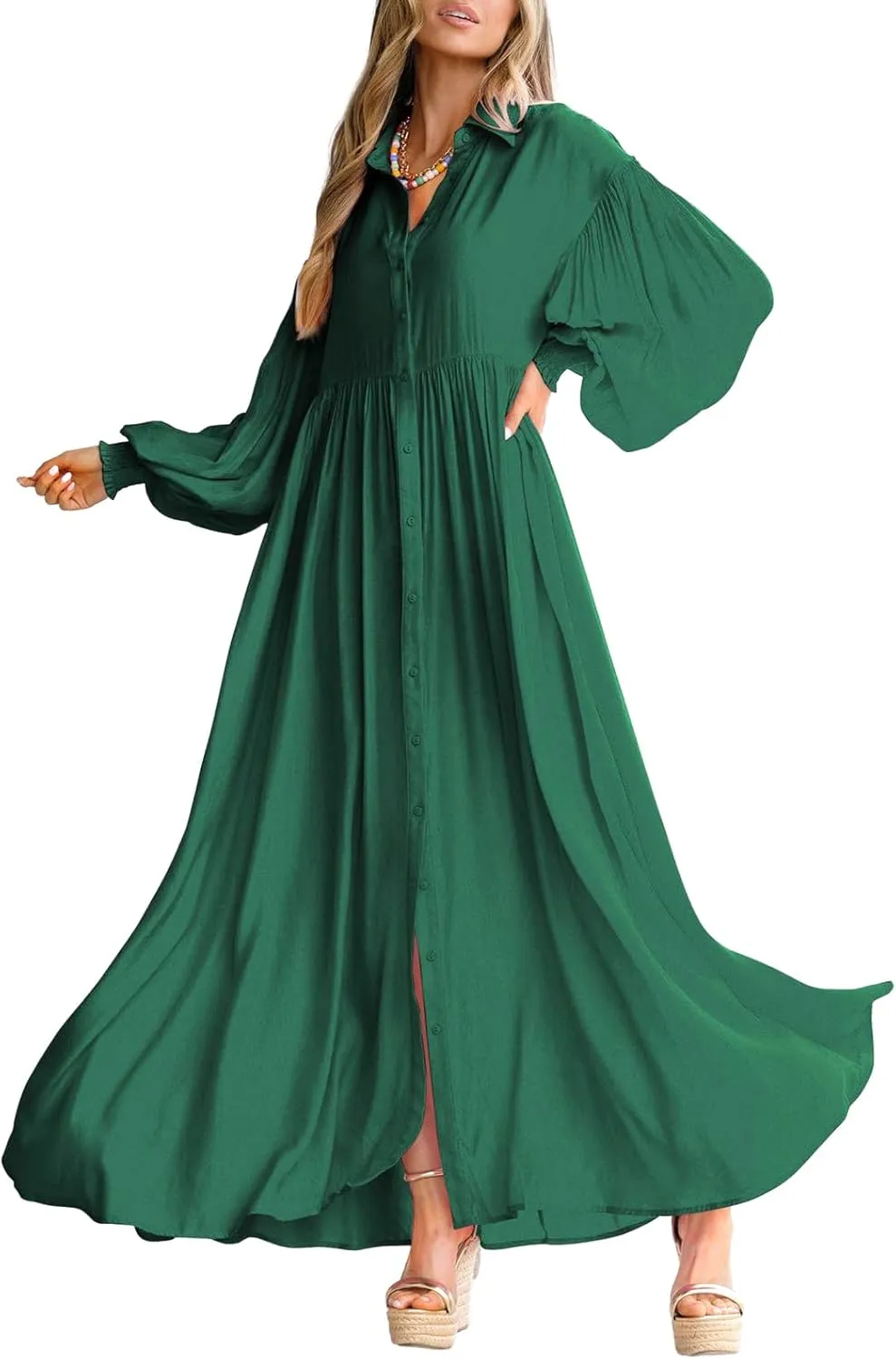 Women's Long Sleeve Button Down Shirt Dress Casual Pleated Swing Flowy Maxi Tunic Dress Cover Ups