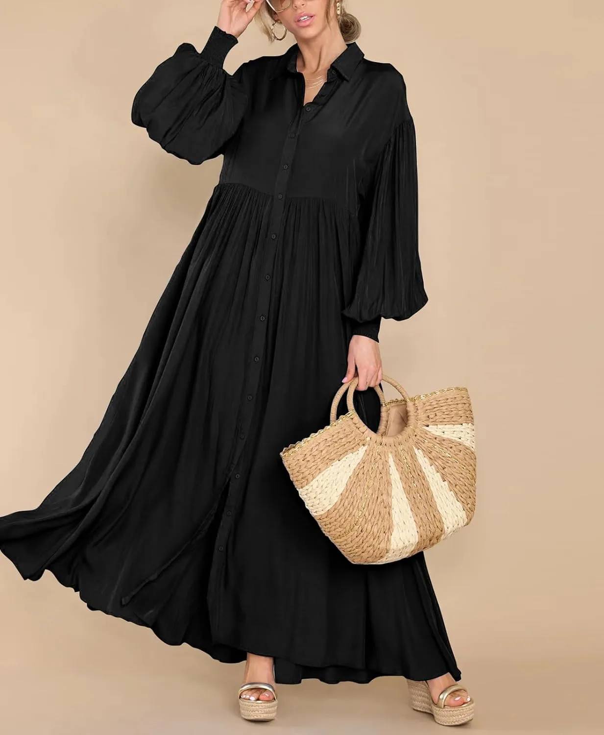 Women's Long Sleeve Button Down Shirt Dress Casual Pleated Swing Flowy Maxi Tunic Dress Cover Ups