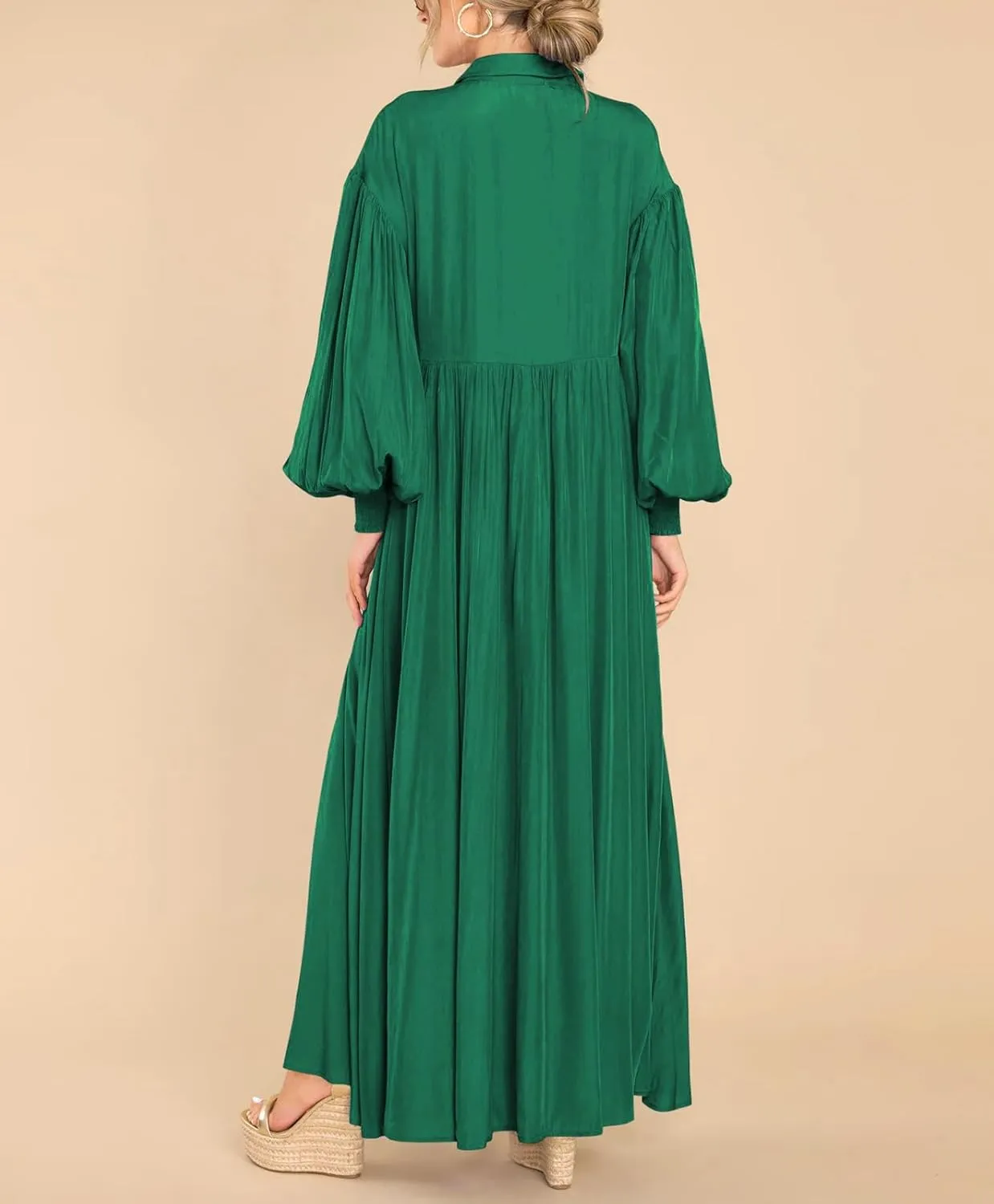 Women's Long Sleeve Button Down Shirt Dress Casual Pleated Swing Flowy Maxi Tunic Dress Cover Ups