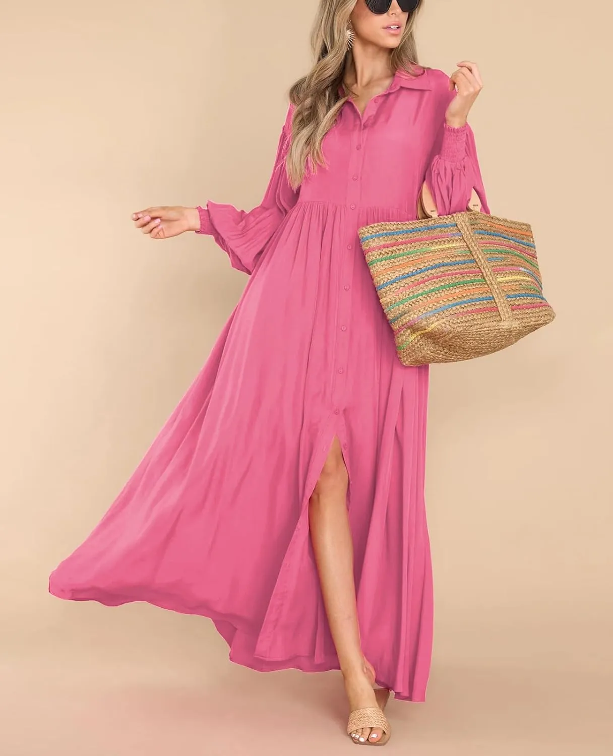 Women's Long Sleeve Button Down Shirt Dress Casual Pleated Swing Flowy Maxi Tunic Dress Cover Ups
