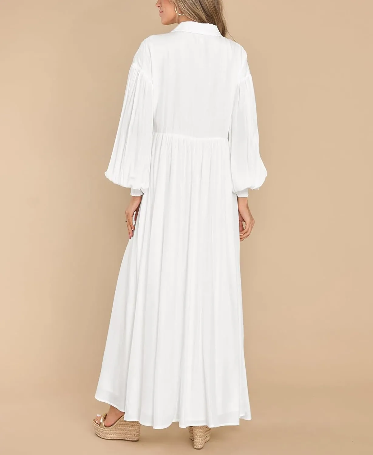 Women's Long Sleeve Button Down Shirt Dress Casual Pleated Swing Flowy Maxi Tunic Dress Cover Ups