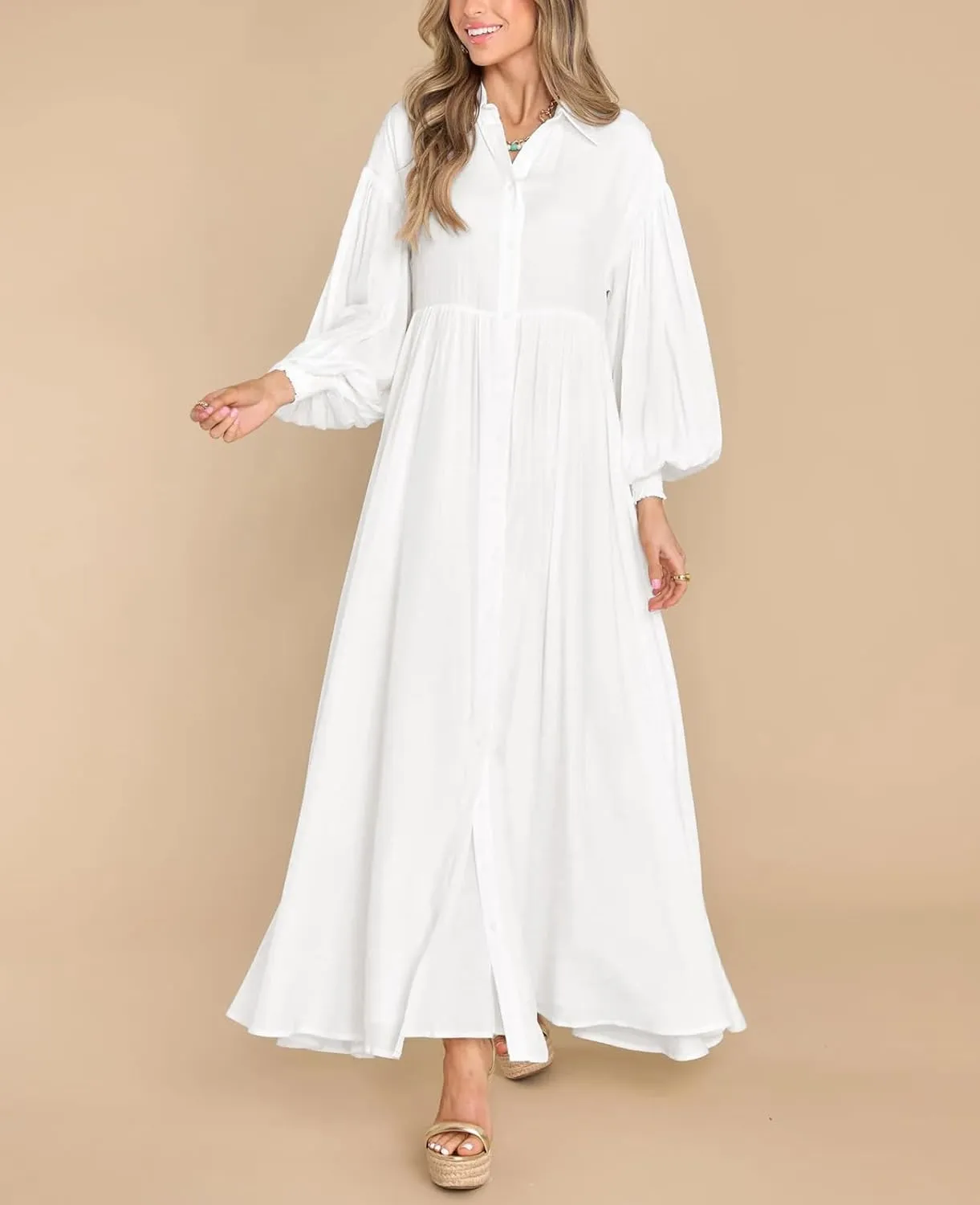 Women's Long Sleeve Button Down Shirt Dress Casual Pleated Swing Flowy Maxi Tunic Dress Cover Ups