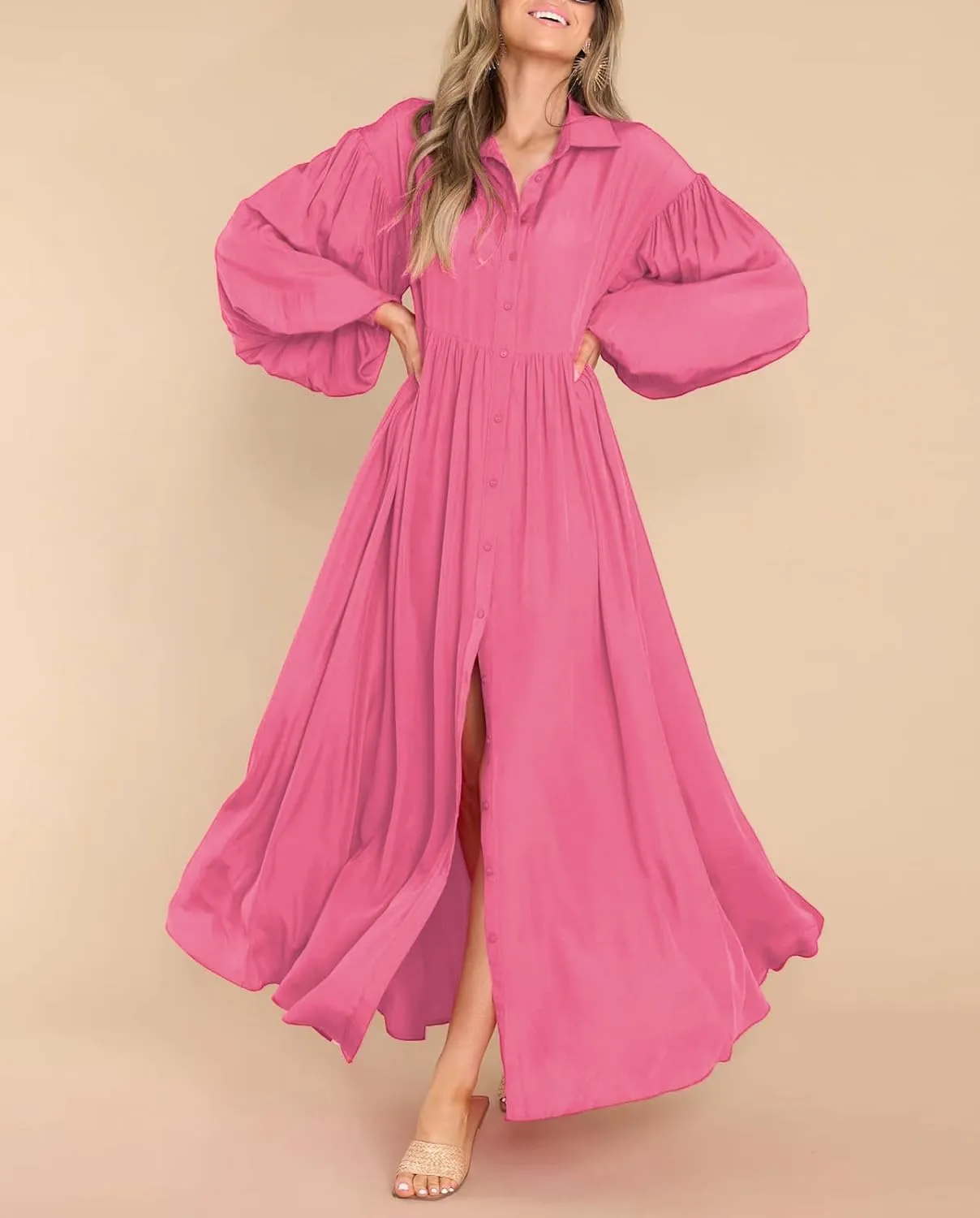 Women's Long Sleeve Button Down Shirt Dress Casual Pleated Swing Flowy Maxi Tunic Dress Cover Ups