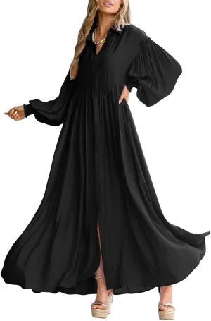 Women's Long Sleeve Button Down Shirt Dress Casual Pleated Swing Flowy Maxi Tunic Dress Cover Ups