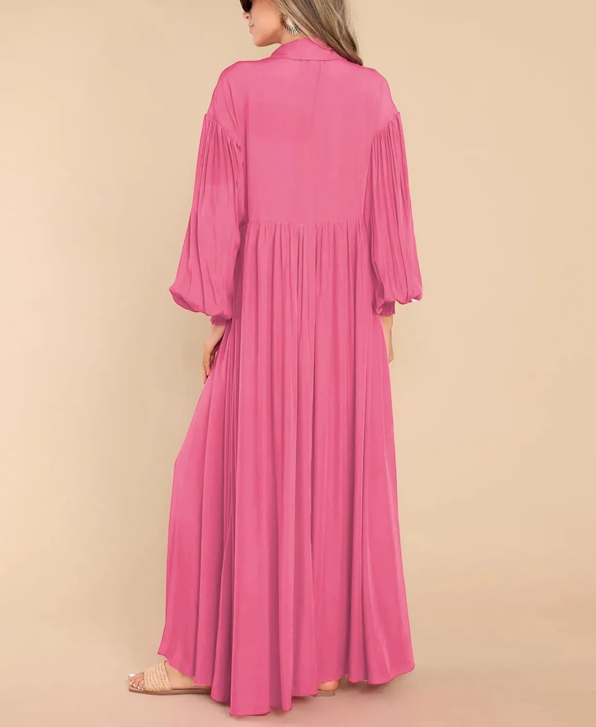 Women's Long Sleeve Button Down Shirt Dress Casual Pleated Swing Flowy Maxi Tunic Dress Cover Ups