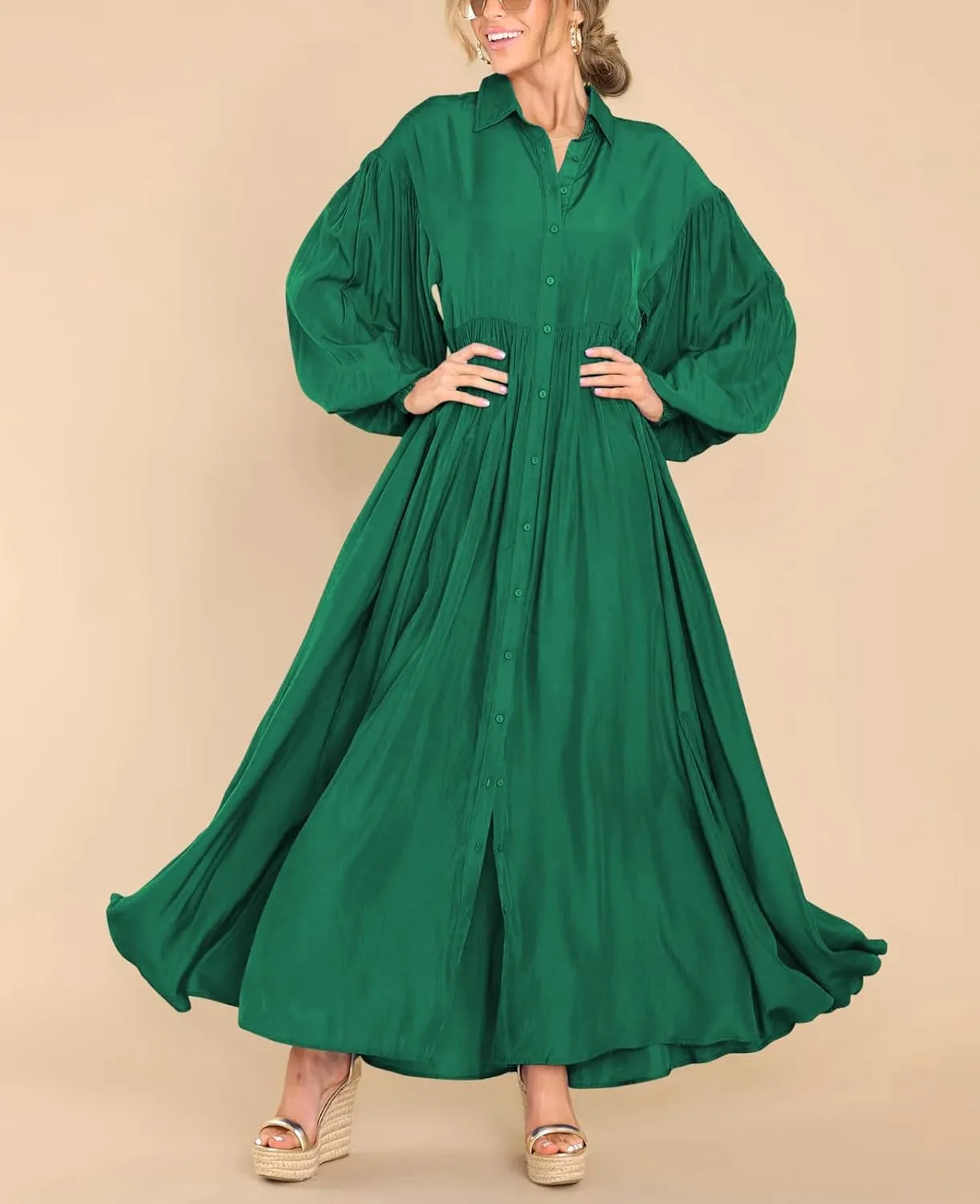 Women's Long Sleeve Button Down Shirt Dress Casual Pleated Swing Flowy Maxi Tunic Dress Cover Ups