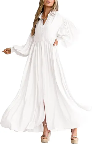 Women's Long Sleeve Button Down Shirt Dress Casual Pleated Swing Flowy Maxi Tunic Dress Cover Ups