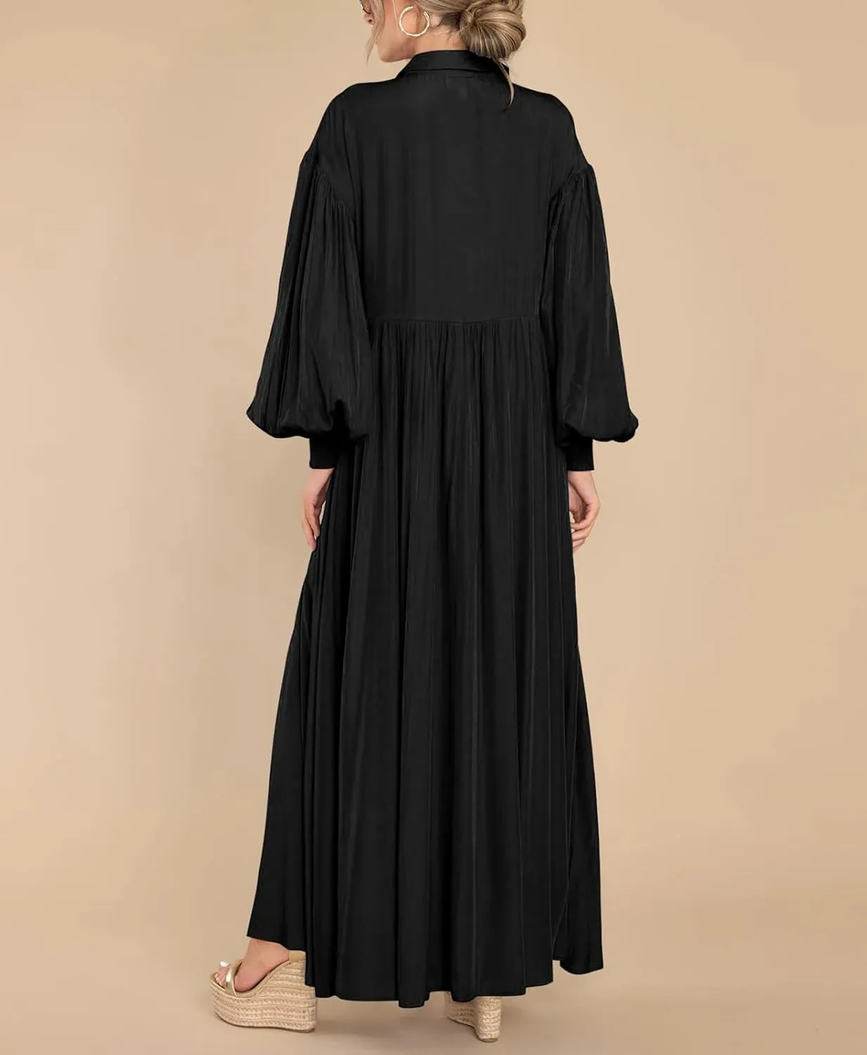 Women's Long Sleeve Button Down Shirt Dress Casual Pleated Swing Flowy Maxi Tunic Dress Cover Ups